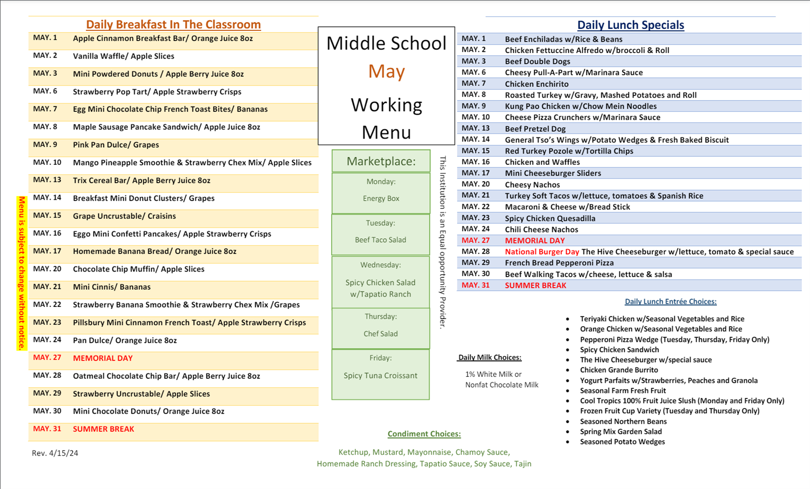  May 2024 Lunch Schedule